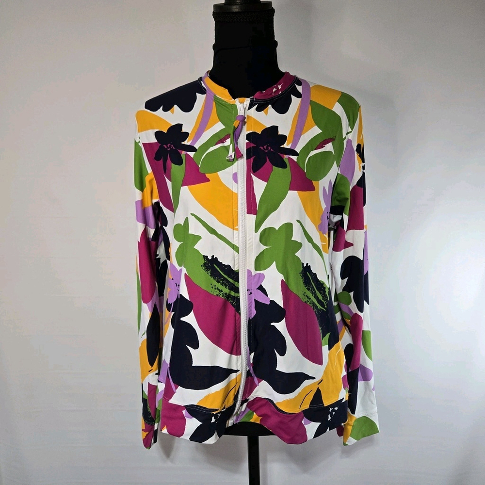 Anne Cole Colorful Floral Long Sleeve Zip Front Rash Guard Swim Top NWT Large - Picture 2 of 11